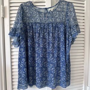 Max studio short sleeve sheer mesh top blouse blue white black floral Size XL